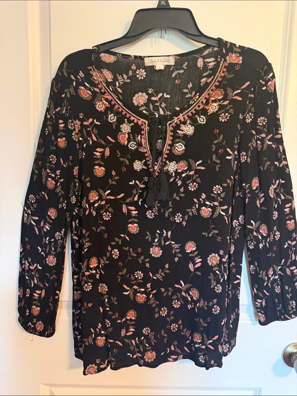Chelsea & Violet Black Floral Tassel Tie-Neck Blouse
